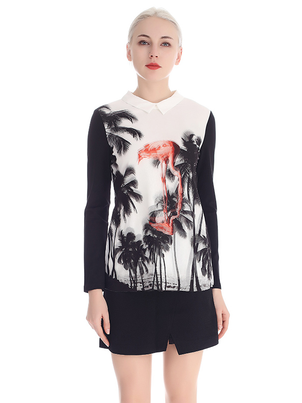 A&D女装可爱娃娃领水墨印花长袖雪纺衫