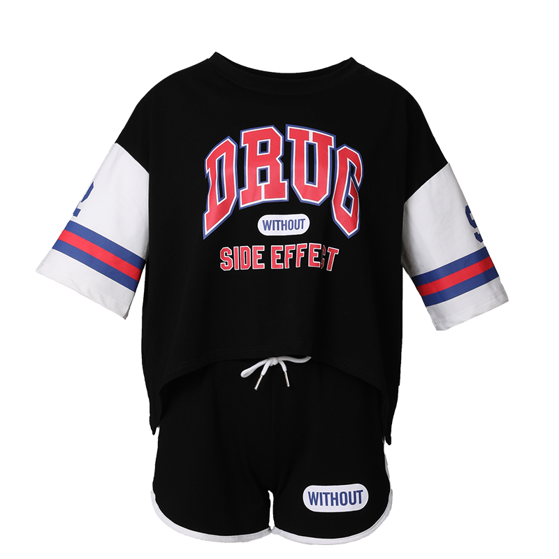 A&D学院风青春亮丽时尚撞色字母印花T恤腰部系绳短裤女式套装黑色