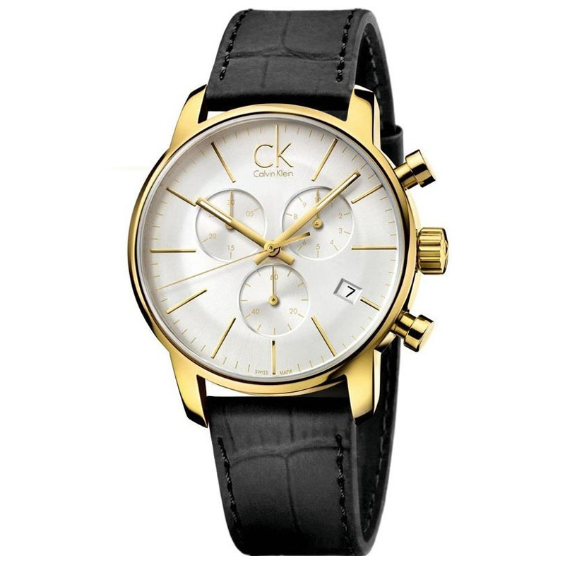 CK卡文克莱手表 多功能计时码男表 K2G275C6 银盘金壳黑带 金色