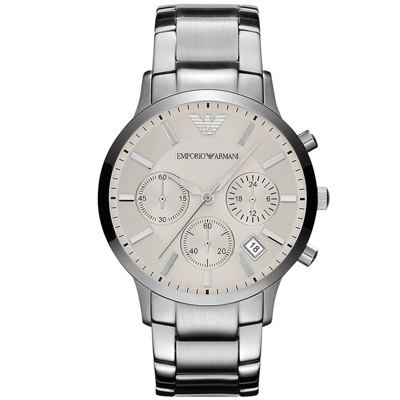 阿玛尼（ARMANI）三眼六针圆盘钢带石英男士腕表 AR2459 银色