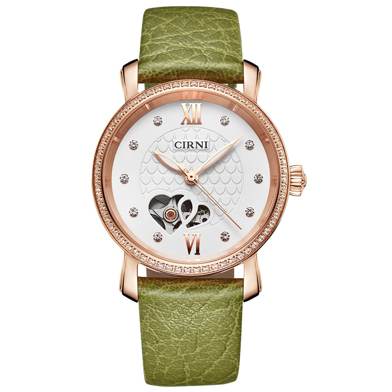 西亚尼全自动机械表 女士手表 女表镂空真皮带个性心形时尚防水潮流腕表6019 金白枣红皮