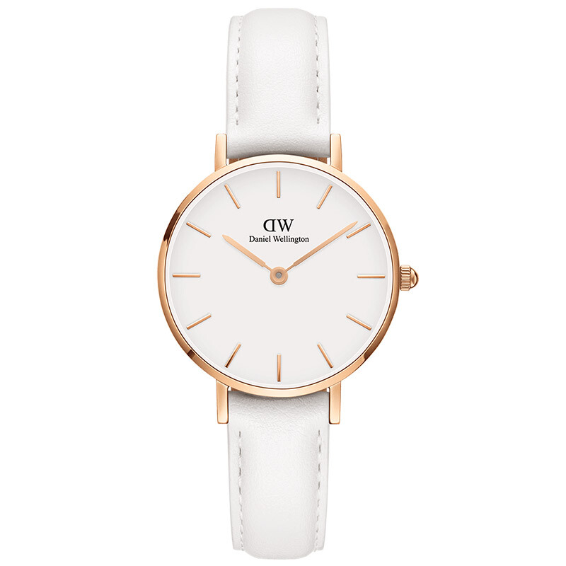 DW女表金色边白色皮革表带28mm白盘欧美简约风格学生手表 DW00100249