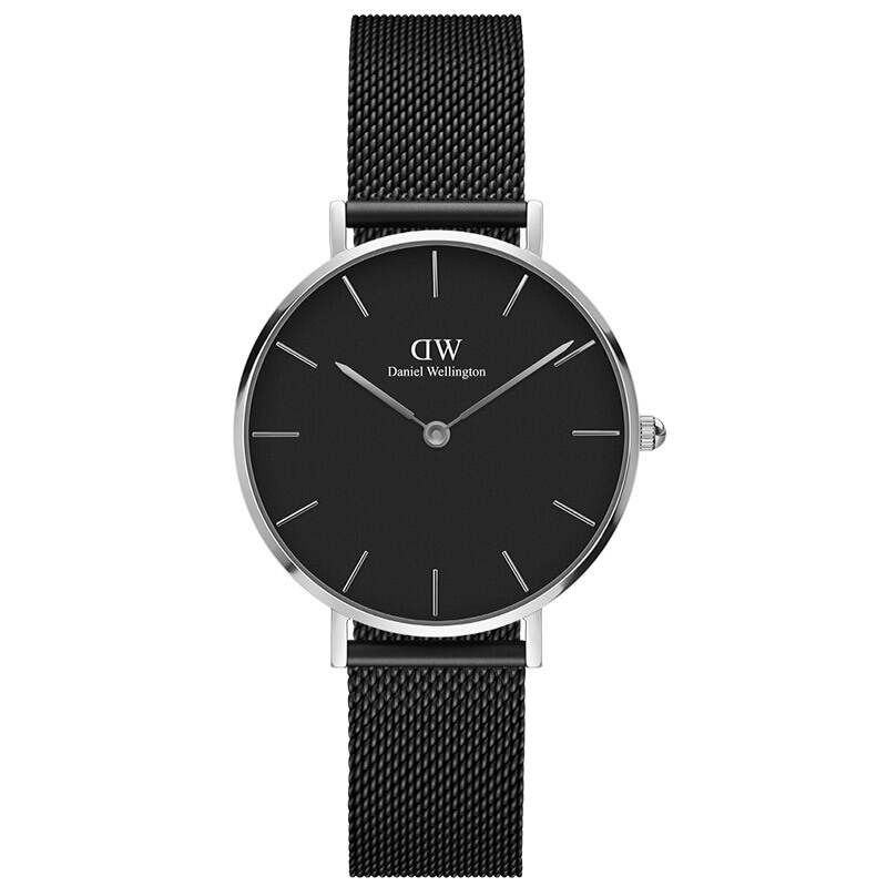 DW女表新款32mm石英手表银色盘黑色钢带 DW00100202