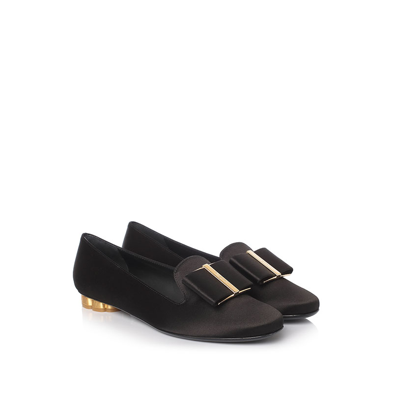 FERRAGAMO 蝴蝶结丝缎面女士低跟鞋 684553NERO