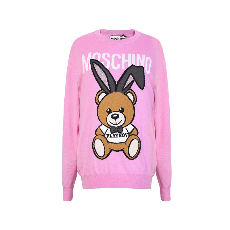 Moschino莫斯奇诺 PLAYBOY熊图案罗纹针织圆领羊毛女士毛衣 V091305010208