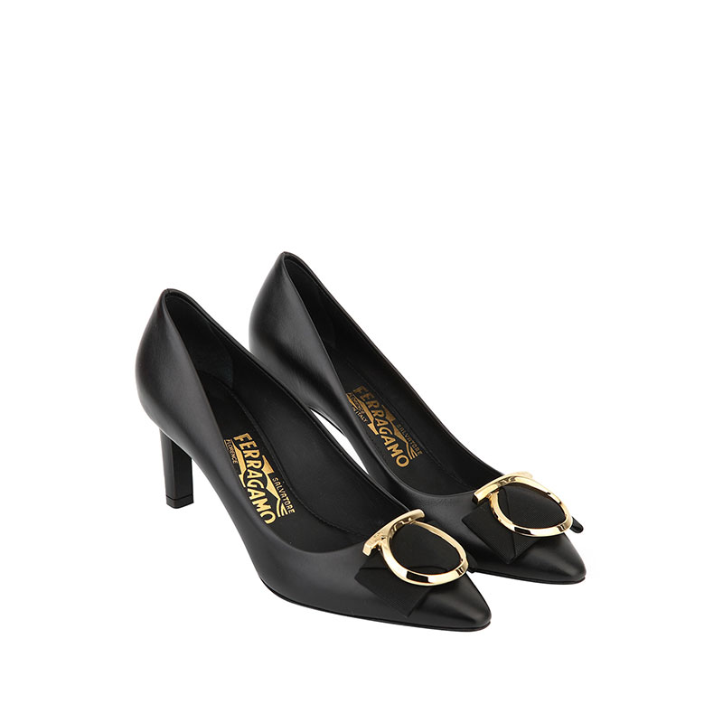 FERRAGAMO 蝴蝶结装饰尖头牛皮女士高跟鞋 657611NERO