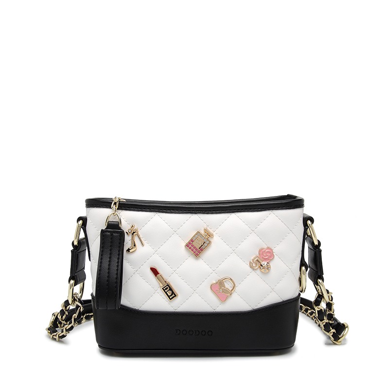 doodoo包包女2017新款潮单肩包菱格撞色韩版水桶包百搭斜挎包女包