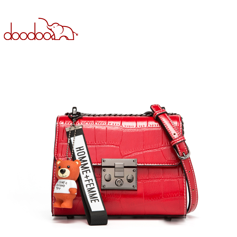 doodoo春季包包女2019新款潮百搭斜跨单肩包时尚鳄鱼纹小方包女包