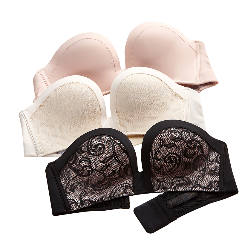 素肌棉无肩带文胸聚拢防滑隐形无带内衣女胸贴无痕婚纱礼服安心抹胸加厚