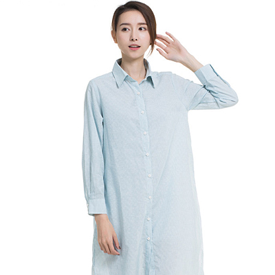 顶瓜瓜纯棉新品睡裙女条纹长袖翻领时尚休闲家居裙