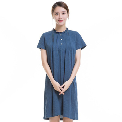 顶瓜瓜睡衣女夏短袖睡裙花边时尚中裙棉质透气简约长裙顶呱呱深蓝色