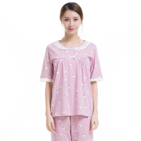 顶瓜瓜睡衣女夏天 短袖纯棉蕾丝边蝴蝶结短袖短裤家居服两件套粉色