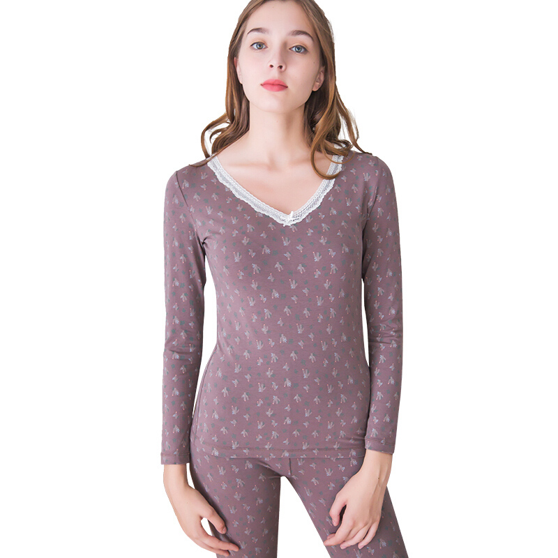 顶瓜瓜保暖内衣女士棉质秋衣秋裤套装蕾丝薄款棉毛衫美体V领内衣