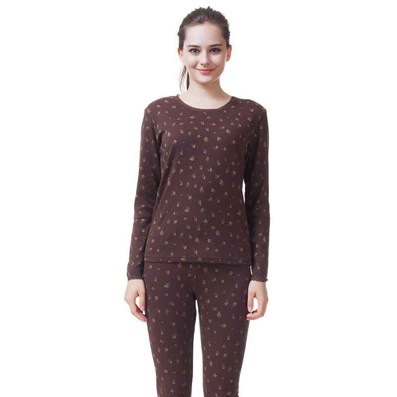 顶瓜瓜秋衣女保暖内衣 纯棉蕾丝圆领女秋衣秋裤套装