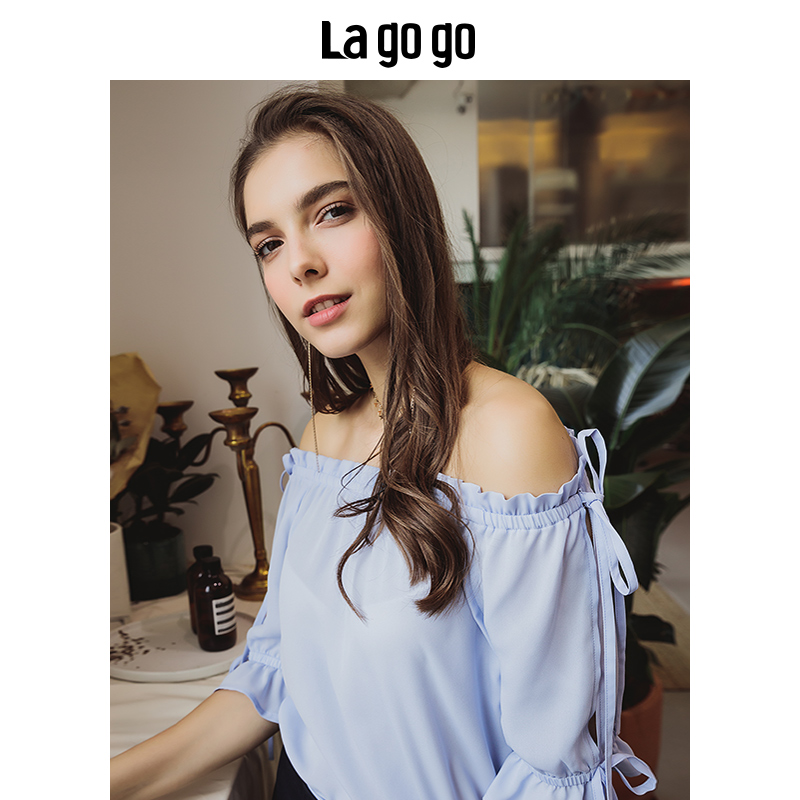 !Lagogo2018夏秋新款一字领纯色小清新时尚短袖系带仙女雪纺衫上衣_1 155/S/36 浅蓝