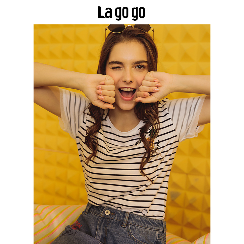 Lagogo2018夏秋季新款圆领时尚上衣百搭休闲宽松韩版女T恤条纹短袖_1 155/S/36 白藏