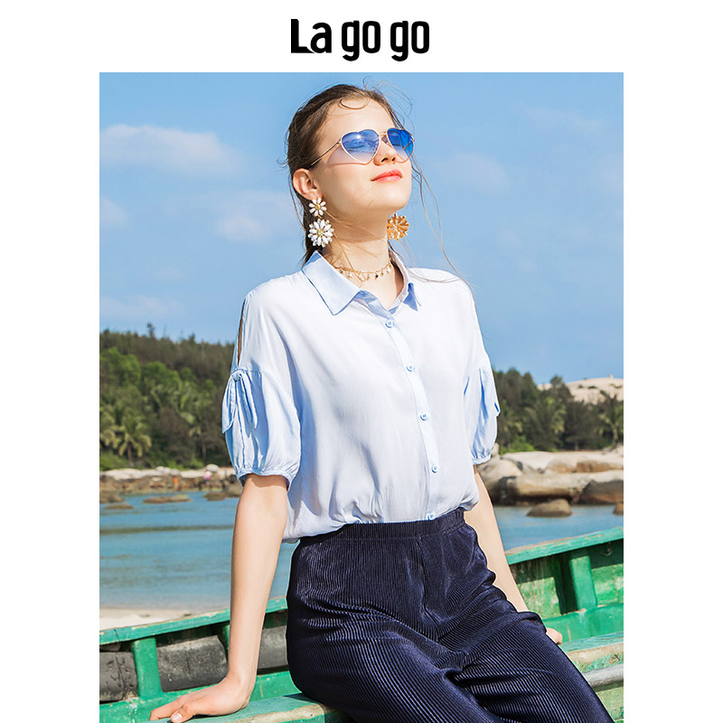 Lagogo2018夏秋季新款时尚小翻领蝴蝶结短袖衬衫女小清新纯色上衣_1 155/S/36 浅蓝色