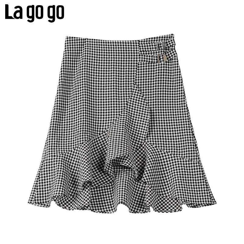 Lagogo2018夏秋季新款黑白格子气质半身裙女不规则荷叶裙摆短款裙子 155/S/36 黑白（W