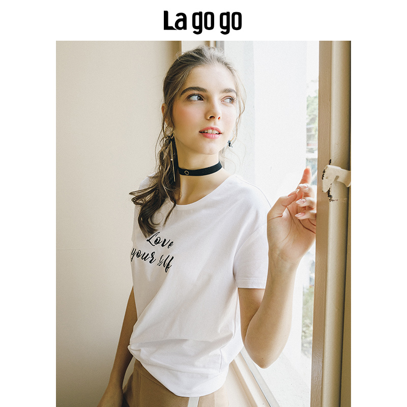 Lagogo2018年夏秋季新款时尚白色上衣圆领学院印花收腰短袖T恤女_1 155/S/36 本白色