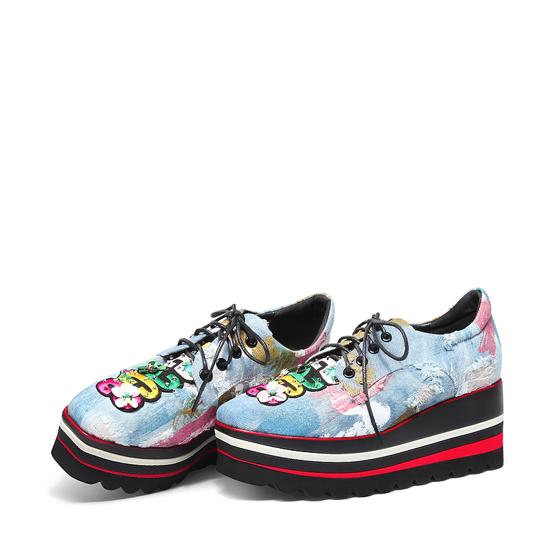 柯玛妮克 新款系带休闲女鞋 方头牛仔布厚底防水台单鞋女