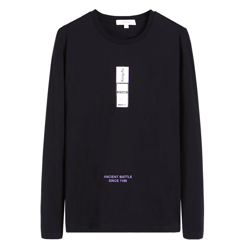 马克华菲长袖T恤男2018秋季新款韩版潮流黑色圆领套头休闲上衣潮