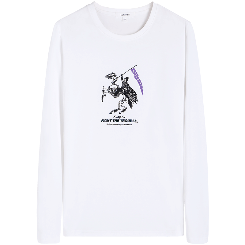 马克华菲修身长袖T恤男2018秋季新款韩版潮流白色圆领印花上衣潮