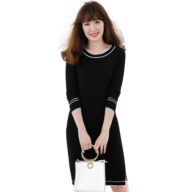 秋冬季新品山羊绒衫女简约白带中长款毛衣连衣裙X山红莲1720