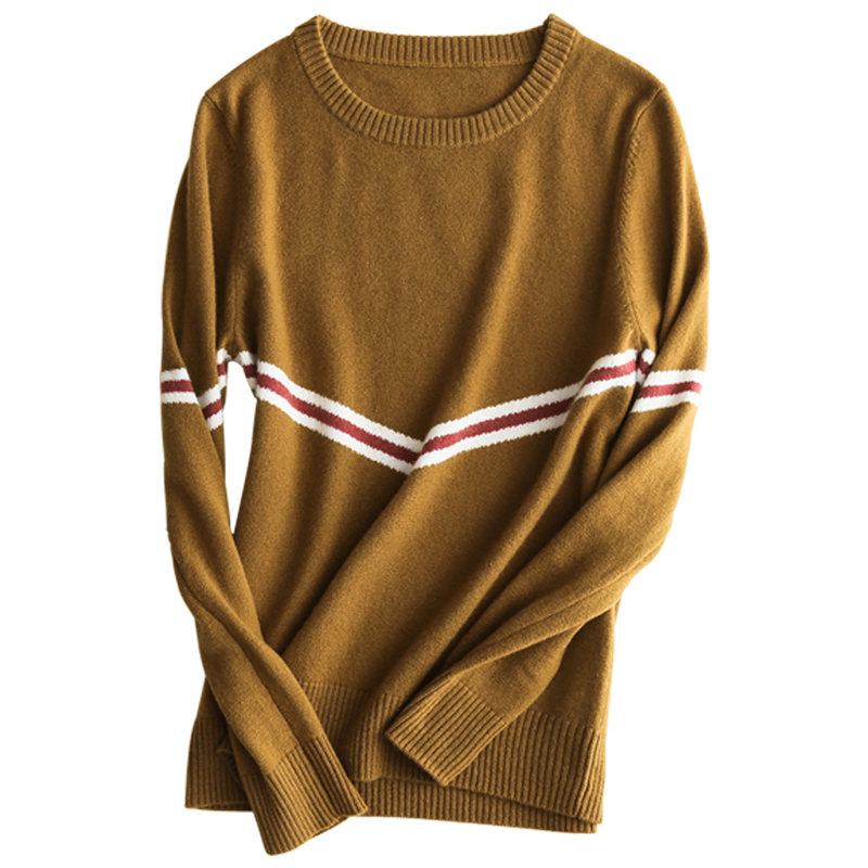 新品山羊绒衫女圆领纯羊绒条纹印花毛衣MKL17-06