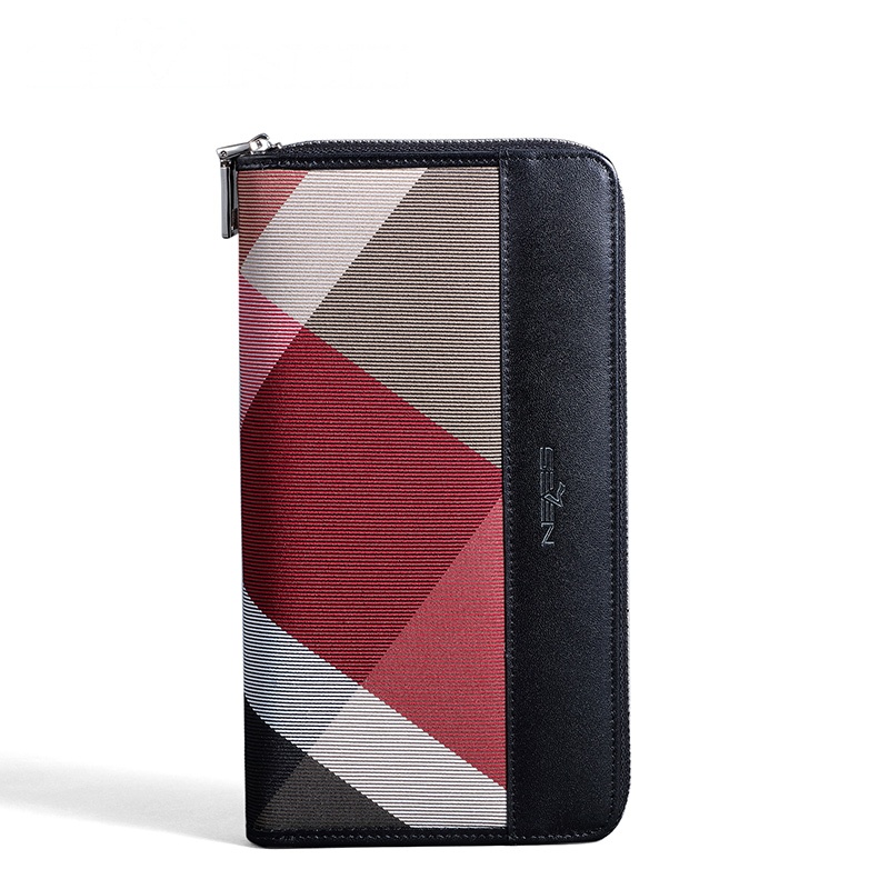 柒牌男士格纹系列头层牛皮拼接帆布手抓包商务休闲英伦手拿包111P90410