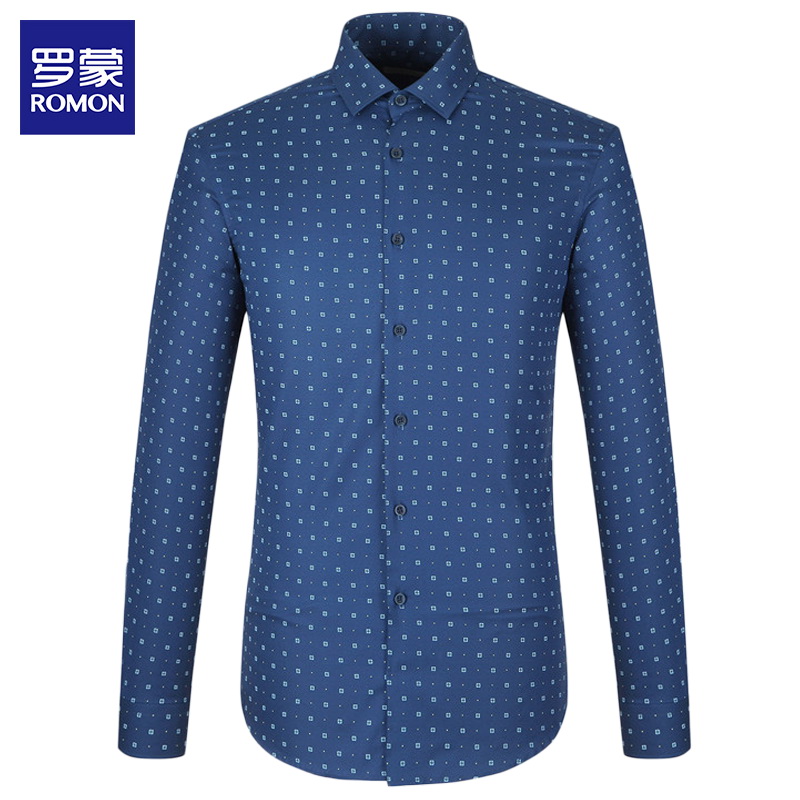罗蒙（ROMON）新款长袖衬衫男士全棉印花商务修身衬衣休闲免烫上衣深蓝色