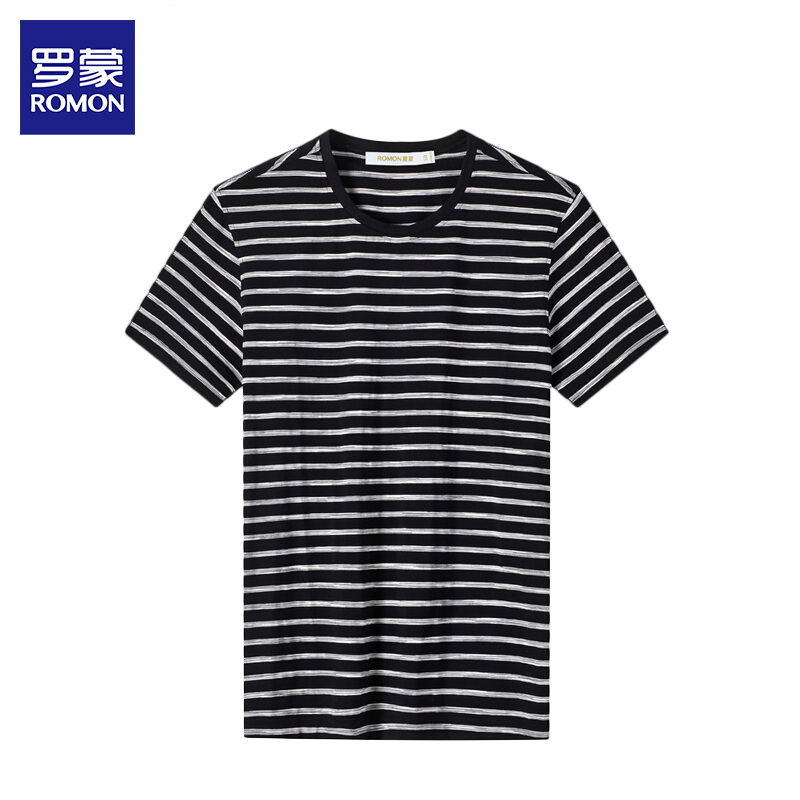 罗蒙（ROMON）短袖T恤男夏季新款半袖体恤潮流条纹打底衫98黑灰