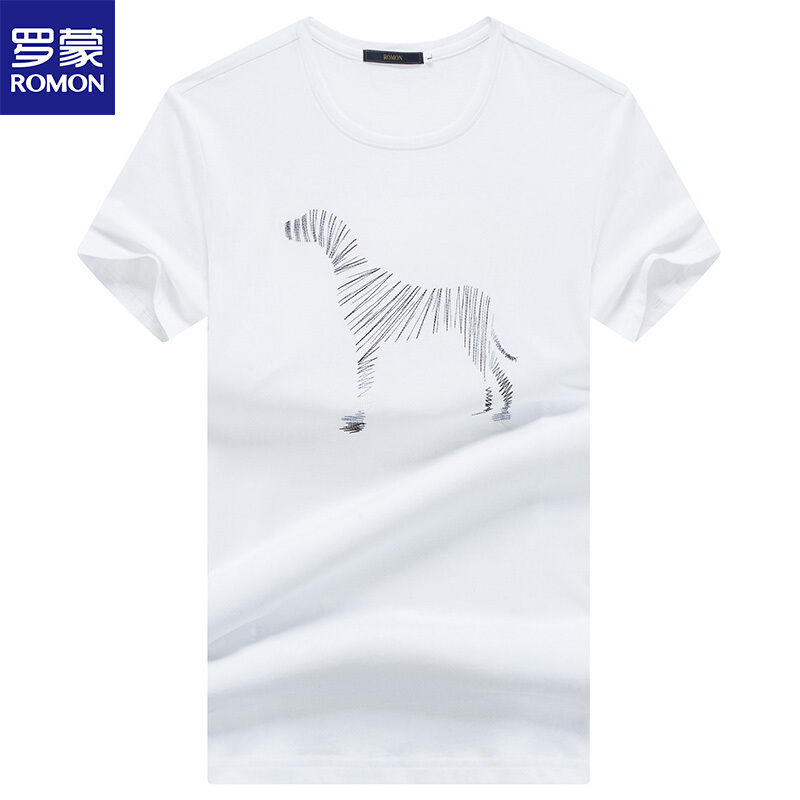 罗蒙（ROMON）短袖T恤男2018夏季时尚休闲动物印花修身汗衫白色