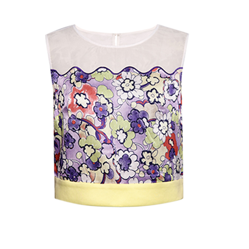 秋水伊人夏撞色欧根纱印花气质上衣直筒圆领套头T恤H044