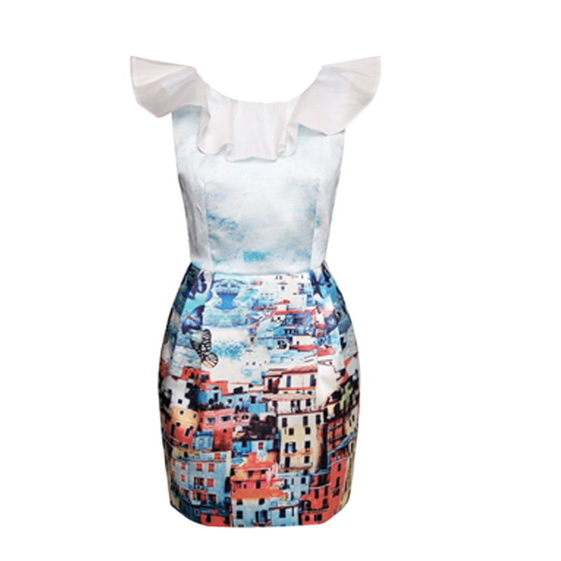 秋水伊人夏款女装荷叶边领印花包臀连衣裙H051