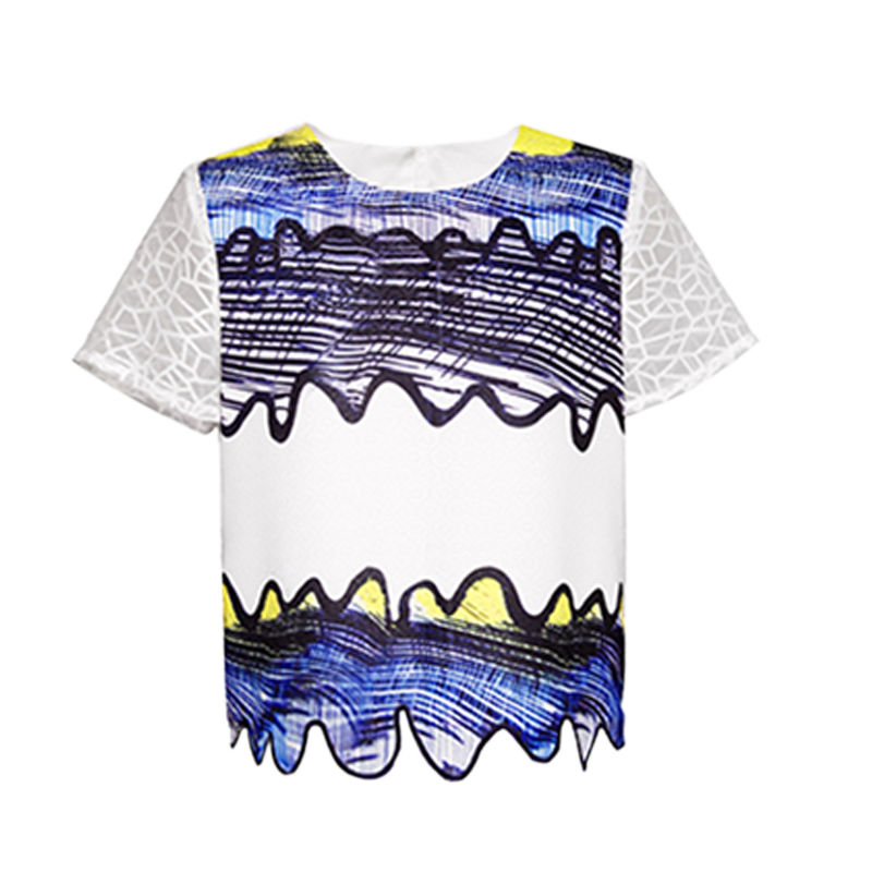 秋水伊人夏装女装时尚百搭绣花瓣边下摆短袖上衣H041