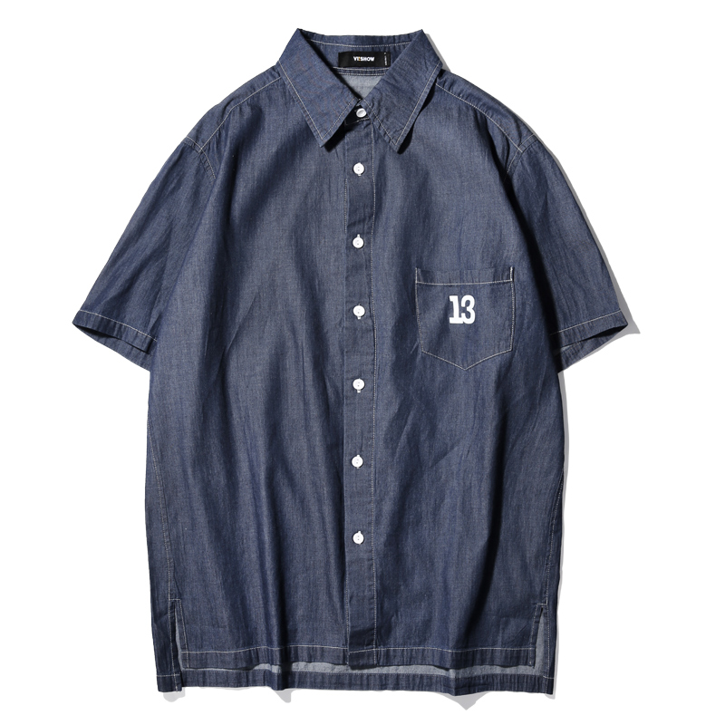 VIISHOW夏装新品牛仔短袖衬衫男纯棉工装衬衫男士短衬修身潮