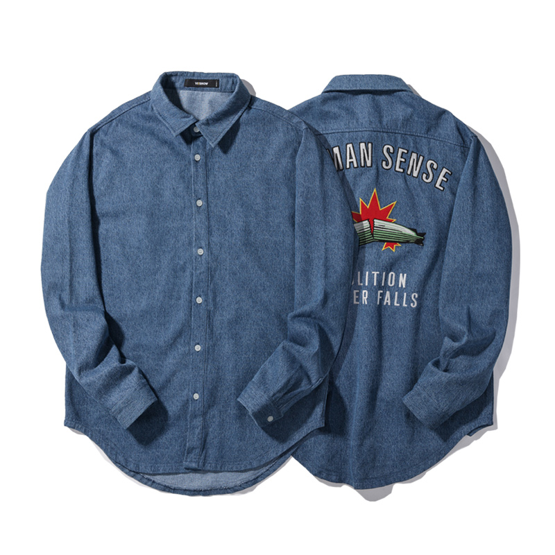 VIISHOW春秋装新品水洗牛仔长袖衬衫男字母装饰男士衬衣上衣