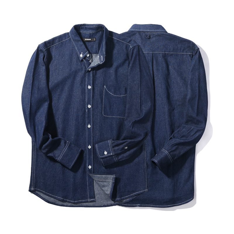 VIISHOW春秋装新品牛仔长袖衬衫男明辑线纯棉男士衬衣牛仔蓝