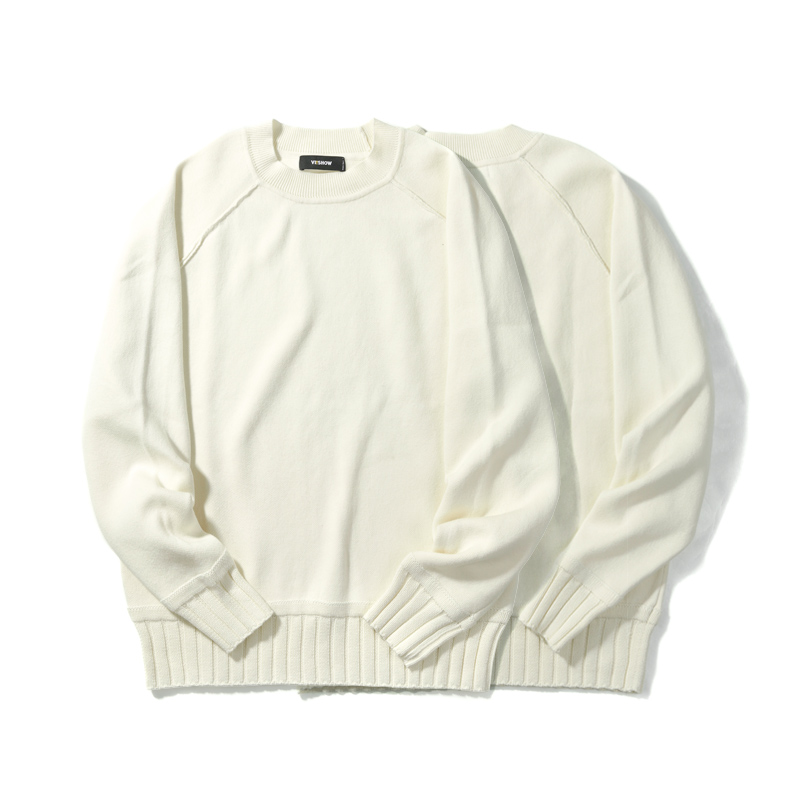 viishow秋装潮牌针织衫男圆领套头纯棉男士毛衣米白色上衣