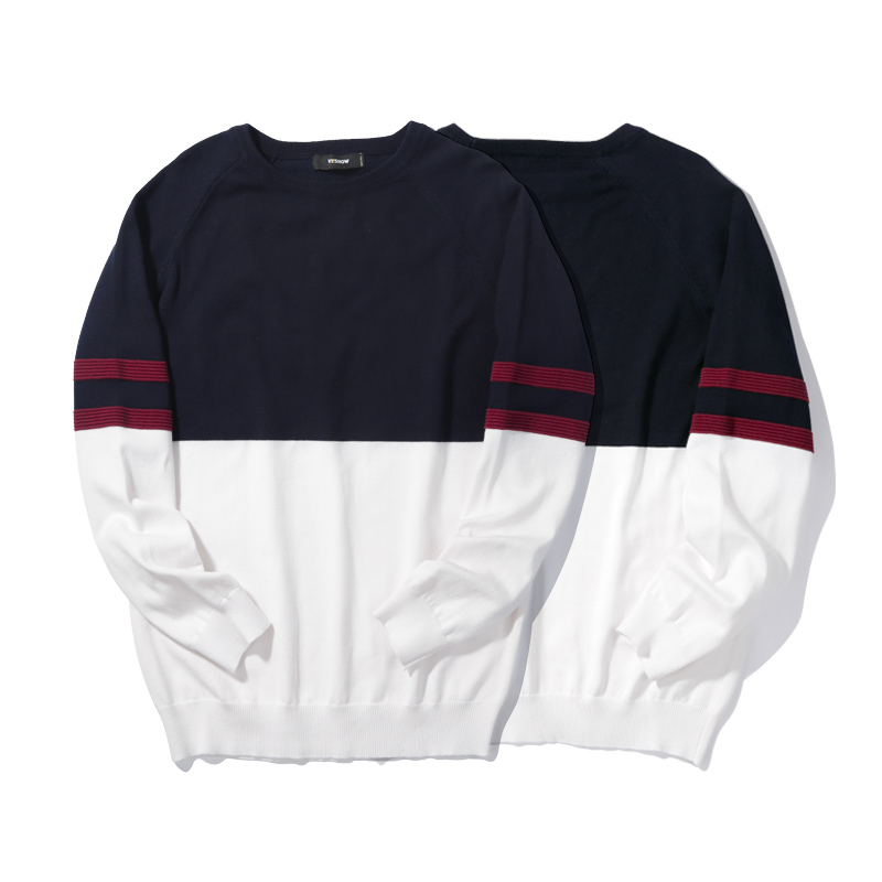 viishow春秋装新品圆领套头休闲针织衫男色块撞色拼接男士毛衣