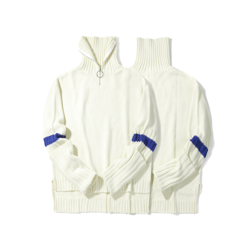 viishow秋装潮牌圆领套头针织衫男撞色加长袖子米白男士毛衣