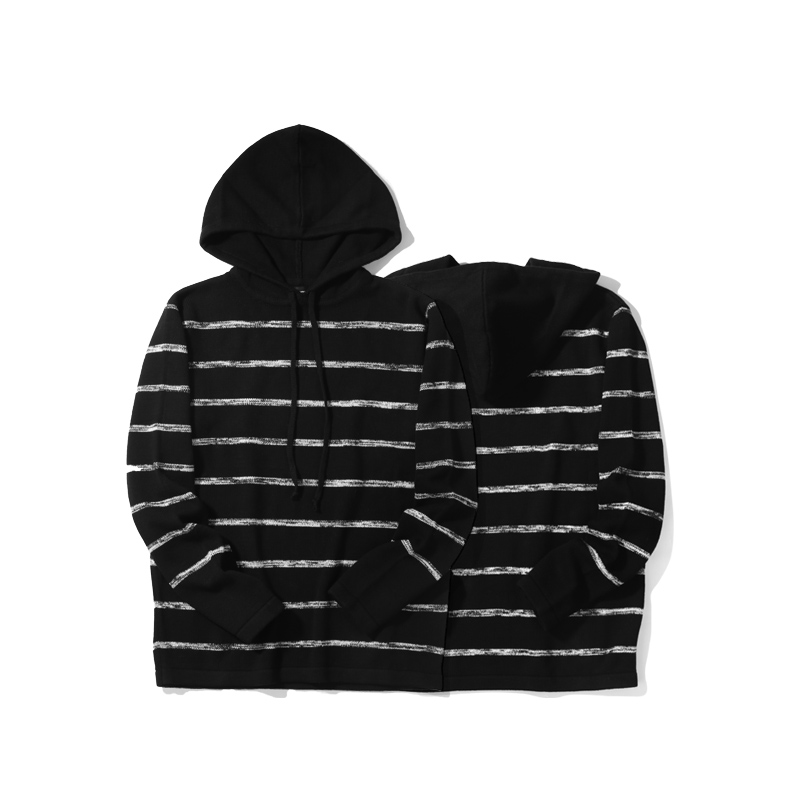 viishow秋装潮牌针织衫男纯棉白条纹黑色连帽衫男士毛衣潮