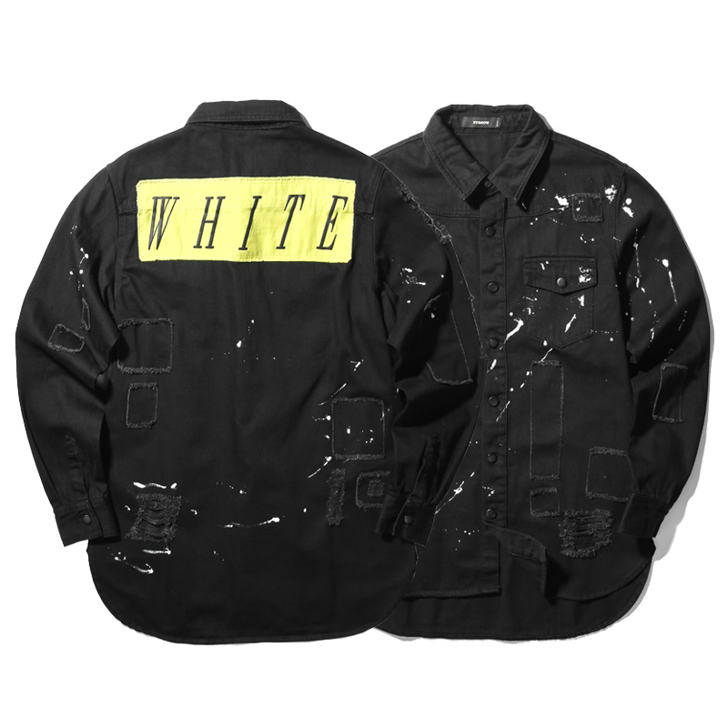 viishow秋装牛仔夹克衫外套男补丁字母印花黑色jacket