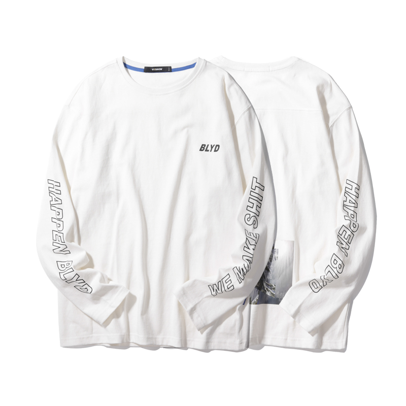 VIISHOW春秋装新品纯棉长袖T恤男宽松后背印花男士长t圆领潮