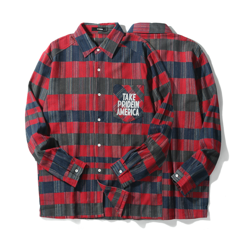 VIISHOW春秋装新品休闲长袖衬衫男红蓝格子男士衬衣上衣青年