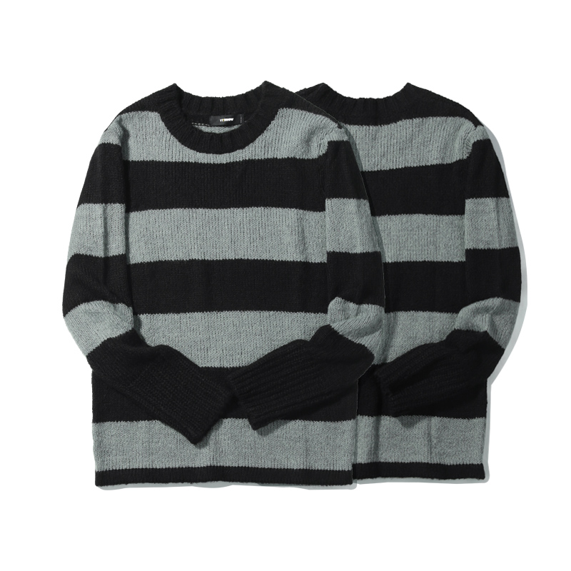 VIISHOW春秋装新品圆领套头针织衫男高街宽条纹撞色男士毛衣