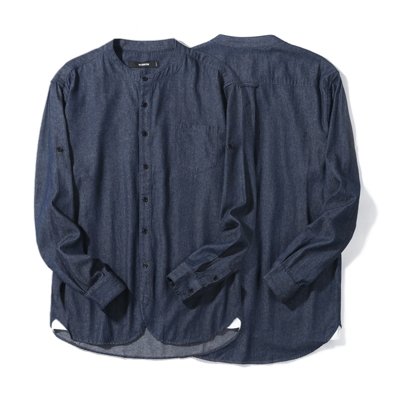 VIISHOW春秋装新品牛仔长袖衬衫男纯棉无领小圆领男士衬衣潮