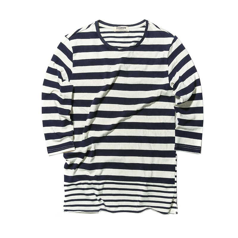 viishow秋长袖T恤圆领时尚撞色条纹T恤青年时尚衣服潮T恤
