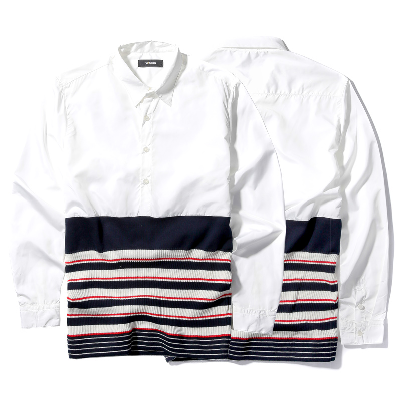 VIISHOW春秋新品白衬衫男拼接潮男衬衣青少年休闲条纹长袖