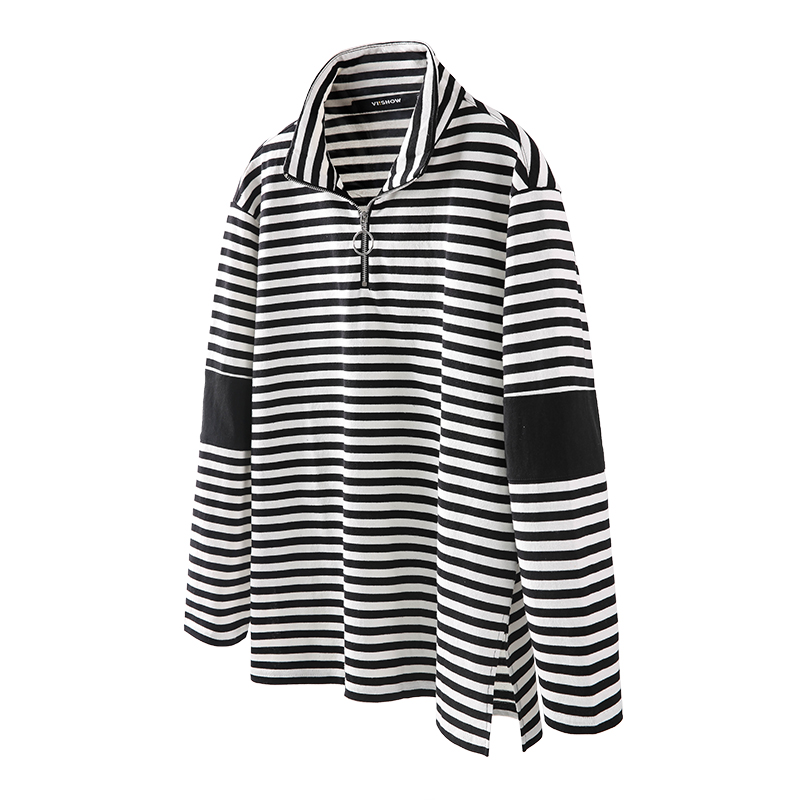 viishow春秋款长袖T恤男 立领条纹男士潮牌上衣情侣款青年